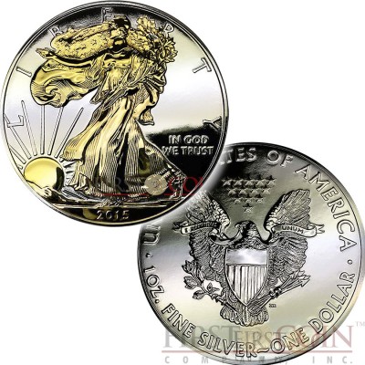 USA FULL DEEP MIRRORED WALKING LIBERTY AMERICAN SILVER EAGLE $1 Silver coin 2015 ONE SIDE GOLD PLATED 1 oz