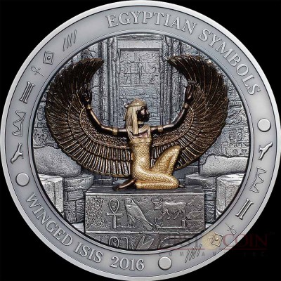Palau WINGED ISIS Silver coin EGYPTIAN SYMBOLS series $20 Antique finish 2016 Gold plated High Relief Smartminting 3 oz