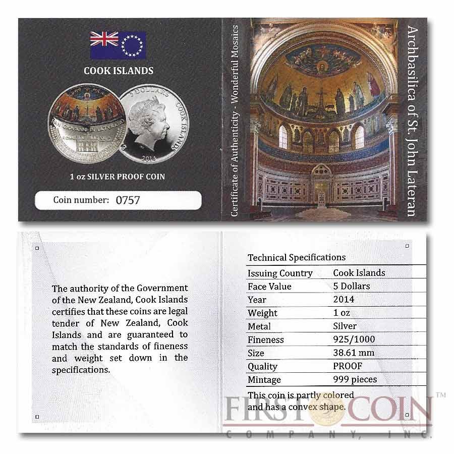 Cook Islands GIOVANNI IN LATERANO MOSAIC series WONDERFUL MOSAICS $5 Silver coin 2014 Proof Convex shaped 1 oz
