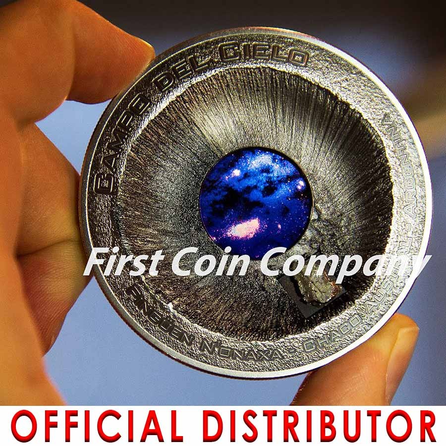Cook Islands METEORITE CAMPO DEL CIELO 1576 ARGENTINA Crater Concave Shape Silver Coin $20 Real Meteorite piece Ultra Deep Minting 2016 Antique finish 3 oz
