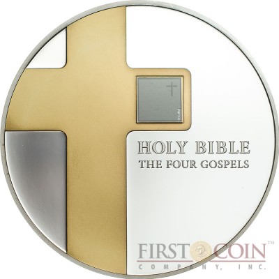 Cook Islands THE FOUR GOSPELS series THE HOLY BIBLE $5 Silver coin 2016 Gold plated Nano chip insert Proof 1 oz