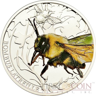 Palau BOMBUS $2 series WORLD OF INSECTS Silver coin Partly colored Proof 2011