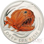 Pitcairn Islands ANOPLOGASTER CORNUTA series DEEP SEA FISH $2 Partly Colored Silver coin 2011 Proof 