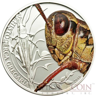 Palau GRASSHOPPER $2 series WORLD OF INSECTS Silver coin Wet-coloring Proof 2010