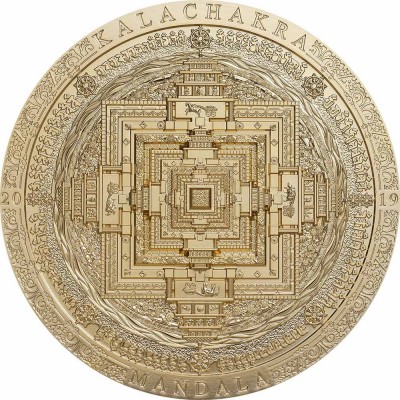 Mongolia KALACHAKRA MANDALA series ARCHEOLOGY and SYMBOLISM 2000 Togrog Silver Coin Antique finish 2019 Ultra High Relief Smartminting Gold plated 3 oz