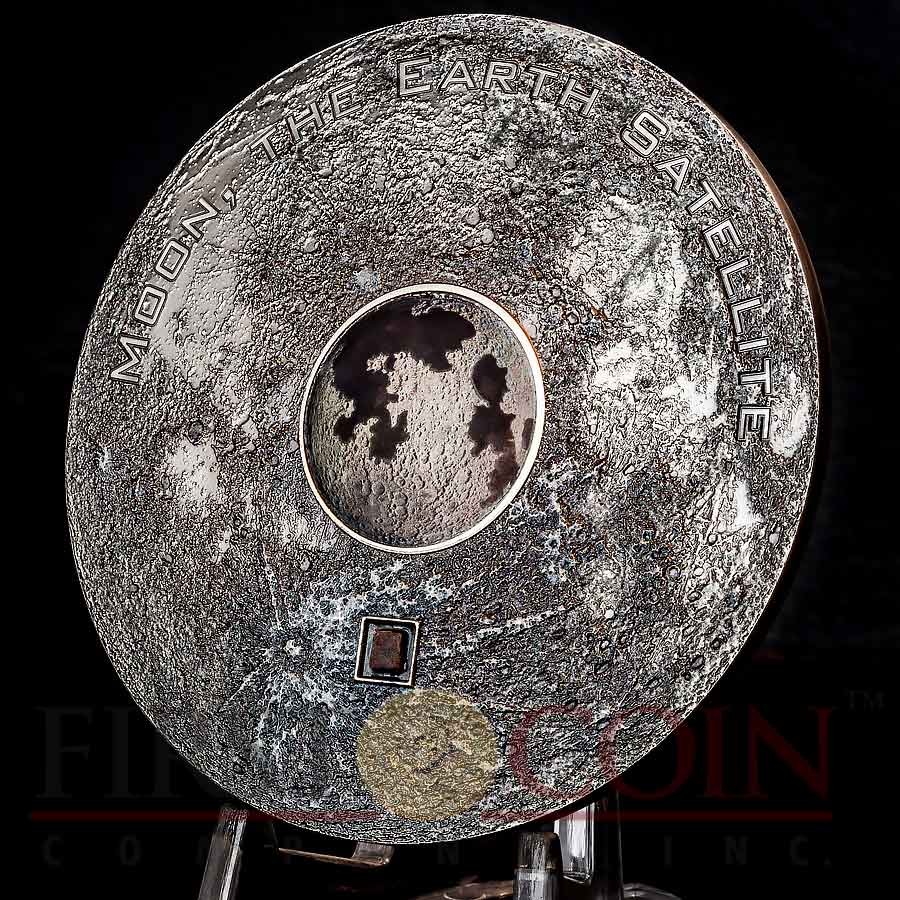 Cook Islands MOON EARTH SATELLITE $20 Silver Coin Real Moon meteorite piece 2017 Antique finish Lens convex shape 3 oz
