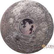 Cook Islands MOON EARTH SATELLITE $20 Silver Coin Real Moon meteorite piece 2017 Antique finish Lens convex shape 3 oz
