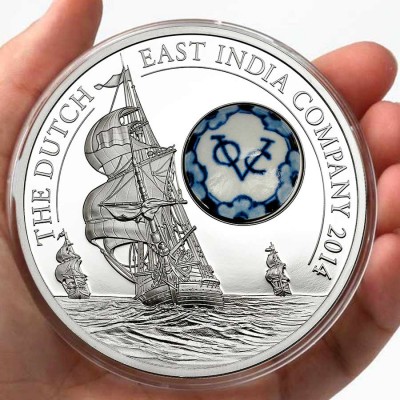 Cook Islands Royal Delft™ Dutch East India Company $10 Royal Delft series Silver coin Porcelain insert 2014 Proof ~ 1.61 oz