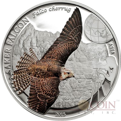 Mongolia SAKER FALCON series BIRDING Silver coin 250 Tugrik 2015 Partly colored