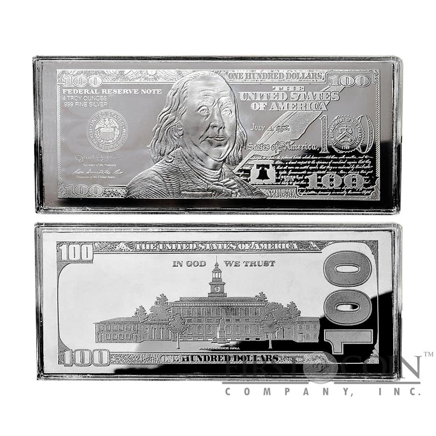 USA 2022 Silver $100 Bill Note Franklin Bar 4 oz