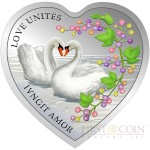 Tokelau Love Unites – Graceful Swans $1 Messages of Love series Heart-Shape Colored Silver Coin Proof 2014