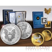 USA American Eagle 25th Anniversary Two сoin Set Gold 1/10oz 2011 Platinum plated & Silver 1oz 1986