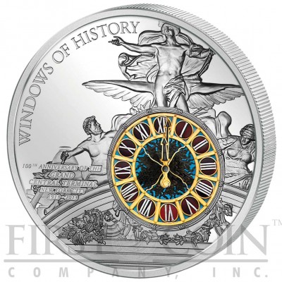 Cook Islands New York Grand Central Terminal 100 Anniversary Windows of History Glass Inlay $10 Silver Coin 50 g 2013