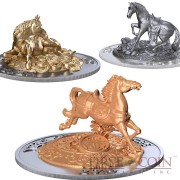 Rwanda Lunar Year of the Horse 3D Sculpture Panorama 2014 Silver Three Coin Set 1500 Francs Yellow & Red Gilded and Antique finish 3 oz
