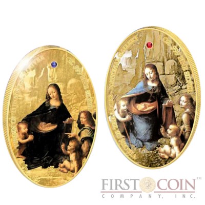 Ascension Island Leonardo da Vinci Virgin of the Rocks The Jewels of Art series 2 Crown Gilded Silver two coin set Gem Stones Colored Oval Shape Proof 2 oz  2014