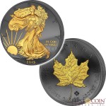 USA & Canada: two coin set $1 AMERICAN SILVER EAGLE WALKING LIBERTY + $5 CANADIAN SILVER MAPLE LEAF GOLDEN ENIGMA EDITION 2015 Black Ruthenium & Gold Plated 2oz