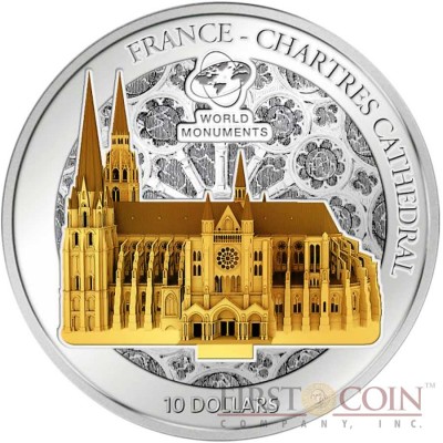 Cook Islands Chartres Cathedral 3D Sculpture $10 World Monuments Series Silver Coin 2014 Proof Gilded 1 oz