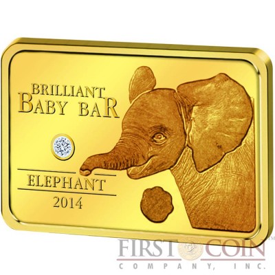 Niue Island Elephant Brilliant Baby Bar $5 Gold coin White Diamond 2014