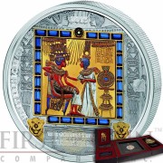 Cook Islands THE GOLDEN THRONE of TUTANKHAMUN Two Coin Set Premium Edition of Masterpieces of Art Series $20 Silver 3 oz & $25 Gold 1/4 oz 26 Swarovski Crystals Gold Plated Proof & Rhodium Finishing 2015