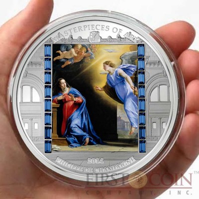 Cook Islands ANNUNCIATION PHILIPPE DE CHAMPAIGNE $20 CHRISTMAS Edition of Masterpieces of Art Series Colored Silver Coin Swarovski Crystals 2014 Proof 3 oz
