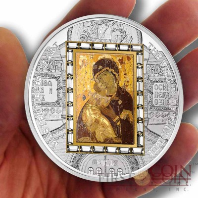 Cook Islands Virgin of Vladimir by Luke the Evangelist $20 Premium Edition of Masterpieces of Art Series 3oz Silver Coin & 1/4oz Gold bar Swarovski Crystals Gold Plated Proof 2013