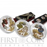 Rwanda Lunar Year of the Snake Pave 3D Silver Three Coin Set 1500 Francs Gemstones Gilded Proof 2013