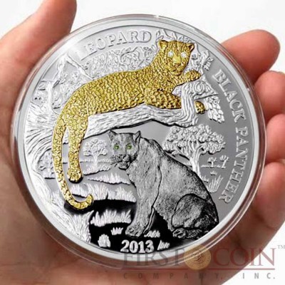 Rwanda Leopard & Black Panther series Wildlife with Diamonds Silver Coin 1000 Francs Gold & Ruthenium plated Proof 3 oz 2013