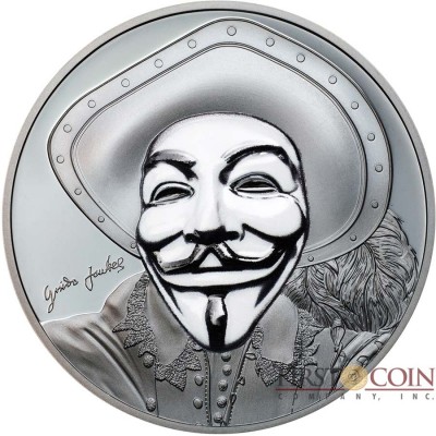 Cook Islands 2nd ANONYMOUS 3D GUY FAWKES MASK HISTORIC Silver Coin $5 High Relief Smartminting Technology Special Black Proof Finish 2017 Porcelain effect 1 oz