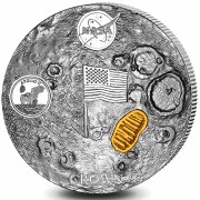 Ascension Island SPECIAL Golden Edition NASA Coin 50th ANNIVERSARY APOLLO-11 FIRST WALK ON THE MOON 1 Crown Silver coin 2019 Ultra High Relief Dome shaped Proof 2 oz