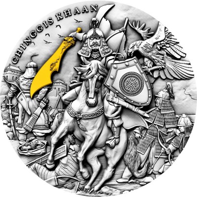 Niue Island CHINGGIS KHAAN MONGOL EMPIRE $5 Silver Coin 2019 Antique finish Ultra High Relief Gold plated 2 oz