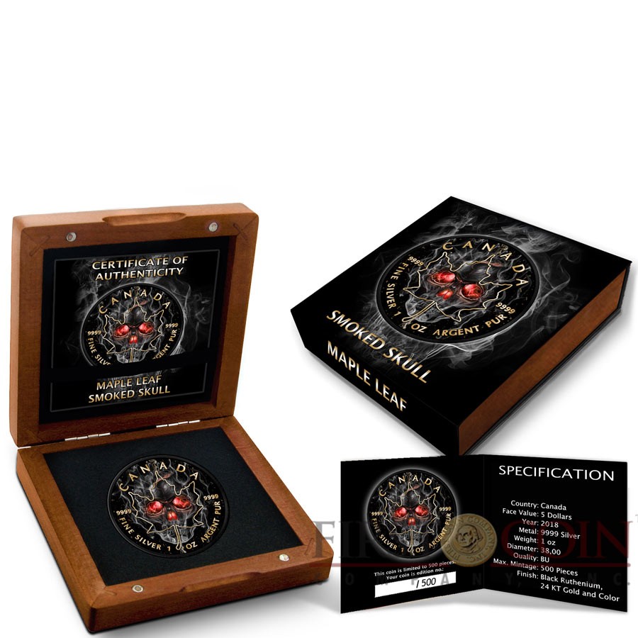Canada SMOKED SKULL series SKULL MAPLE LEAF $5 Canadian Maple Leaf Silver coin 2018 Black Ruthenium and Gold plated 1 oz