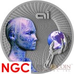 Niue Island NGC-70 ARTIFICIAL INTELLIGENCE series CODE OF THE FUTURE $2 Silver coin 2016 Glow in Dark Antique finish 2 oz