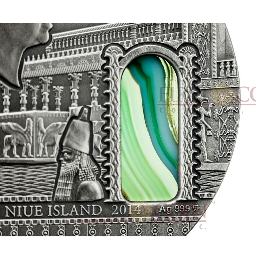 Niue Island MESOPOTAMIA Series IMPERIAL ART $2 Silver coin Antique finish High Relief 2014 Agate inlay 2 oz
