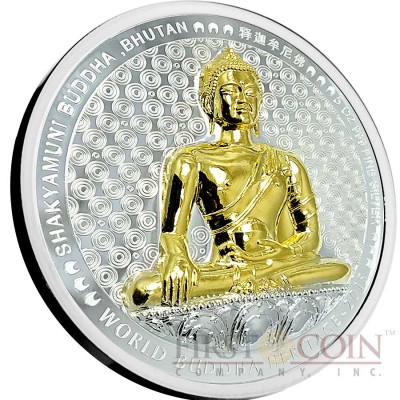 Bhutan SHAKYAMUNI BUDDHA OF BHUTAN Series WORLD BUDDHA HERITAGE Silver Coin 1000 Ngultrum High Relief Gold plated 2015 Proof 5 oz