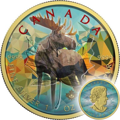 Canada ELK Canadian Maple Leaf series THEMATIC DESIGN $5 Silver Coin 2017 Gold plated 1 oz