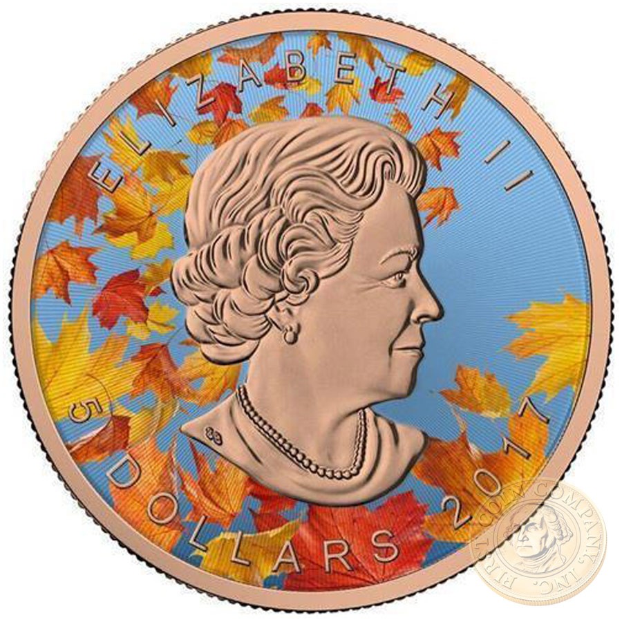 Canada LEAF FALL Canadian Maple Leaf series THEMATIC DESIGN $5 Silver Coin 2017 Rose Gold plated 1 oz