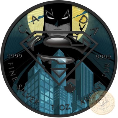 Canada DARKNESS SUPERMAN VS BATMAN Canadian Maple Leaf $5 Silver Coin 2016  High relief of S-logo Black Ruthenium plated 1 oz