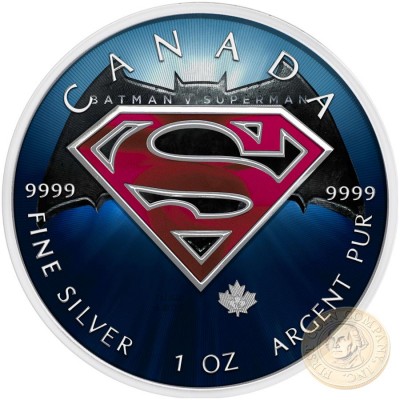 Canada ICONS SUPERMAN and BATMAN Canadian Maple Leaf $5 Silver Coin 2016 High relief of S-logo 1 oz