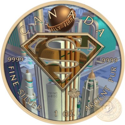 Canada SUPERMAN WORLD OF DAILY PLANET Canadian Maple Leaf $5 Silver Coin 2016 High relief of S-logo Yellow Gold plated 1 oz