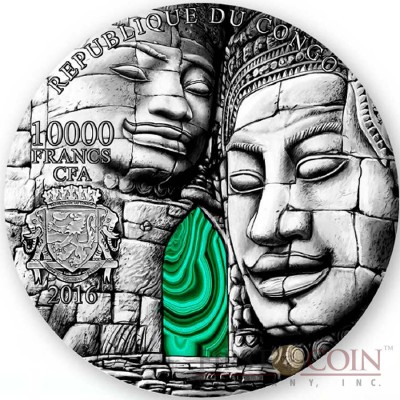 Republic Of Congo ANGKOR WAT series KILO MONUMENTS 10,000 Francs Silver coin 2016 Malachite green stone Antique finish Ultra High Relief minting 1 Kilo / 32.15 oz