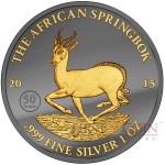 Gabon AFRICAN SPRINGBOK 50TH ANNIVERSARY WILDLIFE series GOLDEN ENIGMA EDITION 2015 Black Ruthenium & Gold Plated Silver coin 1 oz