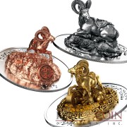 Rwanda Lunar Year of the Goat 3D Sculpture Panorama 2015 Silver Three Coin Set 1500 Francs Yellow & Red Gilded and Antique finish 3 oz