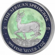 Gabon AFRICAN SPRINGBOK MOON LANDING Krugerrand Apollo-11 50th Anniversary Silver Coin 1000 Francs Glow in the Dark 2019 Proof 1 oz