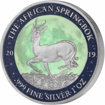 Gabon AFRICAN SPRINGBOK MOON LANDING Krugerrand Apollo-11 50th Anniversary Silver Coin 1000 Francs Glow in the Dark 2019 Proof 1 oz