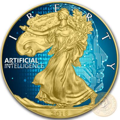 USA ARTIFICIAL INTELLIGENCE CODE American Silver Eagle 2018 Walking Liberty $1 Silver coin Gold plated 1 oz