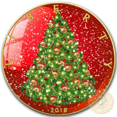 USA CHRISTMAS TREE SNOW GLOBE American Silver Eagle 2018 Walking Liberty $1 Silver coin Gold Plated 1 oz