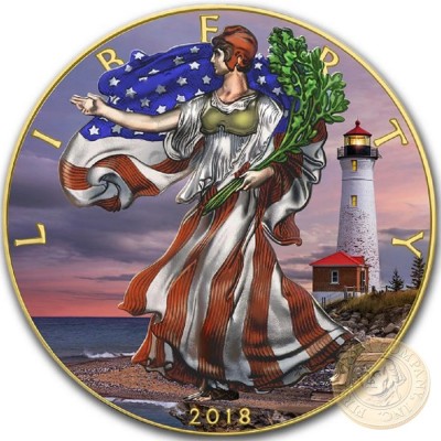 USA LIGHTHOUSES - CRISP POINT American Silver Eagle 2018 Walking Liberty $1 Silver coin Gold plated 1 oz