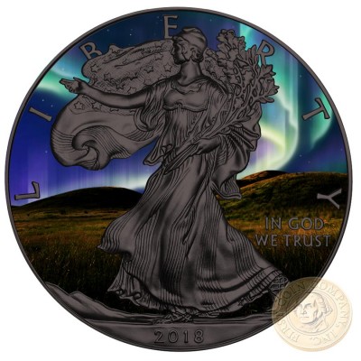 USA NORTHERN LIGHTS American Silver Eagle 2018 Walking Liberty $1 Silver coin Ruthenium plated 1 oz