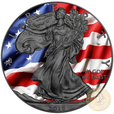 USA PATRIOTIC LIBERTY FLAG American Silver Eagle 2018 Walking Liberty $1 Silver coin Ruthenium Plated 1 oz