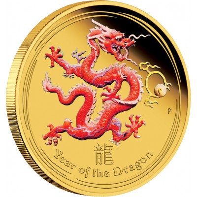 Australia YEAR OF THE DRAGON LUNAR $15 Gold Coin 2012 Colored PROOF 1/10 oz